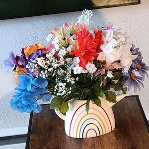 CERAMIC KETTLE-STYLE RAINBOW GRAPHIC VASE/ W ARTIFICIAL FLOWERS